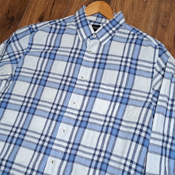 Benson New York Men's Button  Down Shirt 100% Linen White Blue Check Large - Picture 6 of 9